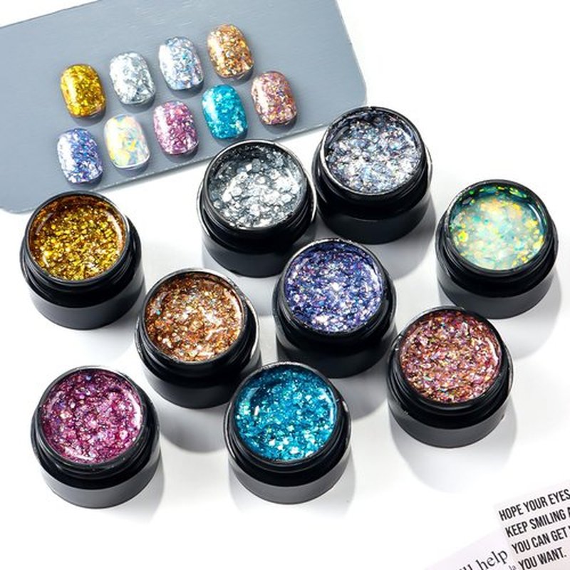 SUTOZMIWE Glitter Gel Nail Polish Set, 9 Colors Glitter Sequins Nail Gel Holographic Laser Effect Sparkle Shimmer 3D Gels Nail Polish Soak Off Curing Need Home Salon DIY Manicure Nail Art Design