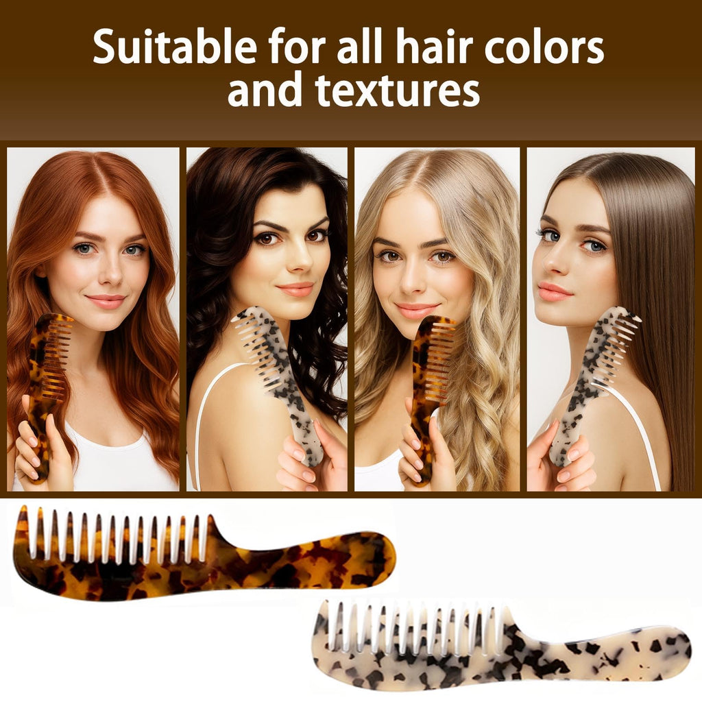 Wide Tooth Comb for women - Large Hair Detangling Comb for Curly Wavy Wet Dry Hair, Cellulose Acetate Combs 2 Pack (Tortoise Shell)