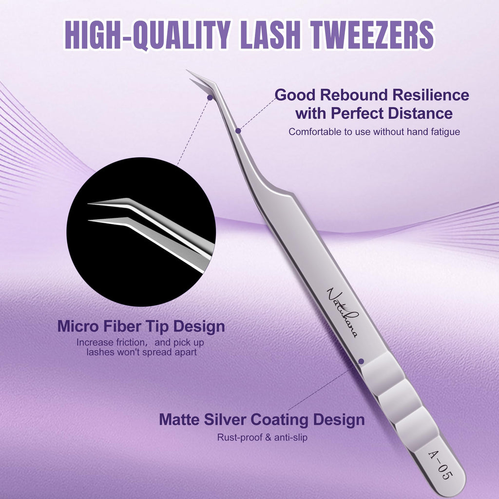Natuhana High Precision Lash Tweezers for Individual and Volume Eyelash Extensions Pointed Premium Stainless Steel Curved Fiber Tip Professional Isolation Tweezer(45 Degree Tweezer A-05)