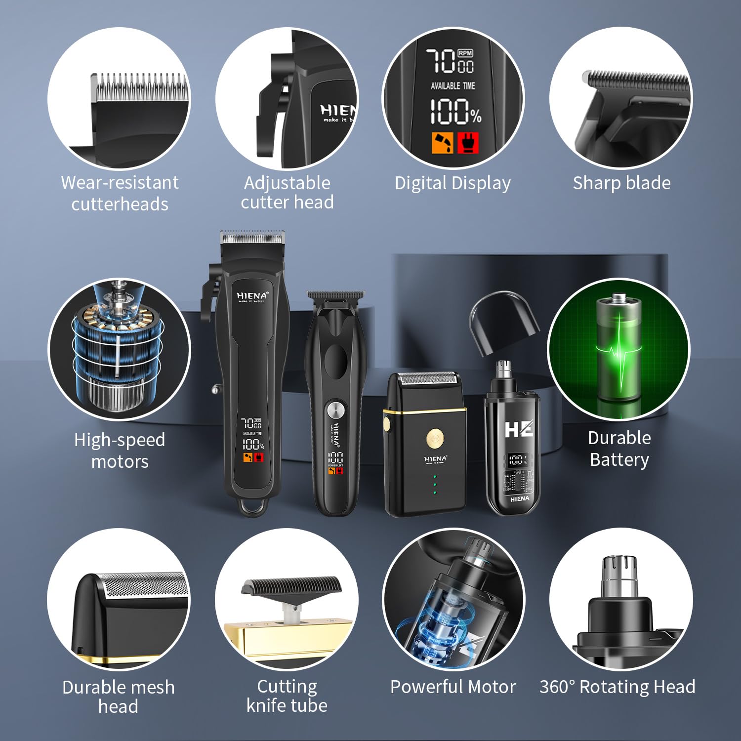 HIENA PRO Hair Clippers for Men Professional, Cordless Barber Kit with Electric Hair Clipper & T-Blade Beard Trimmer Foil Shaver, Men's Hair Cutting Kit