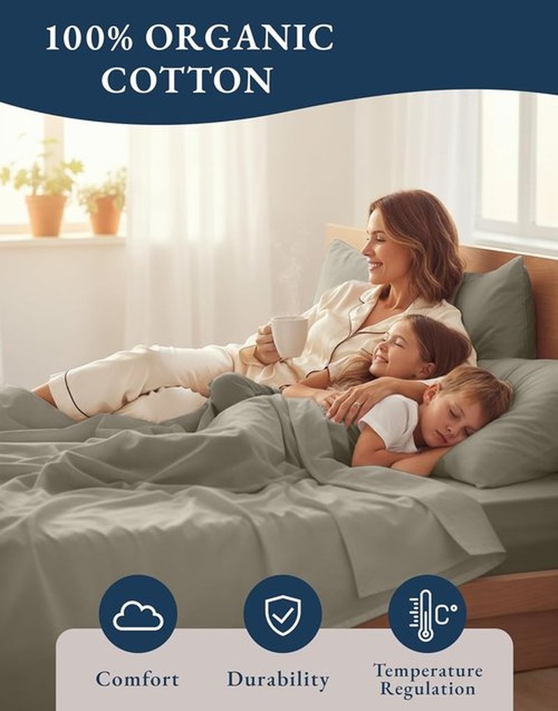LANE LINEN 100% Organic Cotton Twin Sheets - Soft, Comfy, Temperature Regulating, Luxury Hotel Quality - Silver