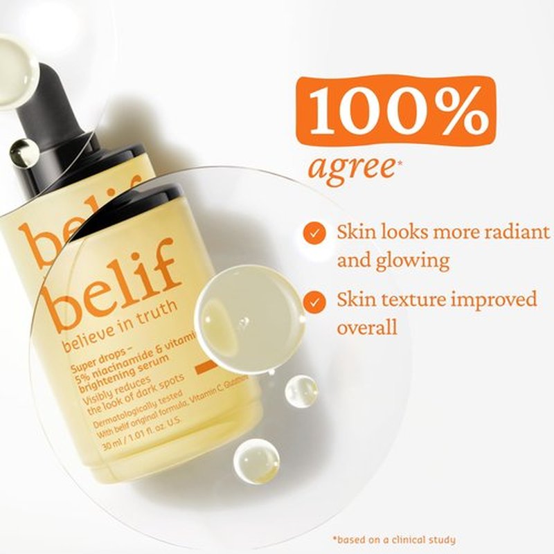 belif Niacinamide 5% & Vitamin C Super Drops Serum – Radiance-Boosting Serum for Uneven Skin Tone with AHA & Glutathione, Redness & Improve Post-Blemish Marks, Korean Skincare, 1.01 fl oz
