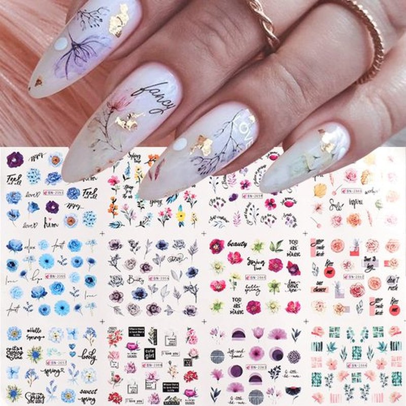 48 Sheets Flowers Nail Art Stickers, Holographic Spring Floral Water Transfer Nail Decals Design, Flowers Leaf Butterfly Nail Sticker for Women Girls Manicure Decorations Resin Nail Decal Tattoo Set