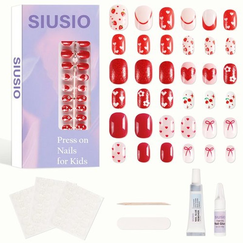 SIUSIO 3Pack Children Acrylic Fake Nails, 72pcs Press on Full Cover Glitter Short Red Heart False Nail Art Kits Set with Sticker Tabs Nail Glue for Kids Little Girls Christmas Gifts - Blossom Sweetie