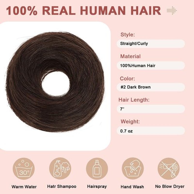 Messy Bun Hair Piece 100% Real Human Hair Natural Curly Scrunchies Dark Brown Updo Donut Chignon with Elastic Rubber Band Fluffy Bun Hair Pieces for Women Girls (#2 Dark Brown)