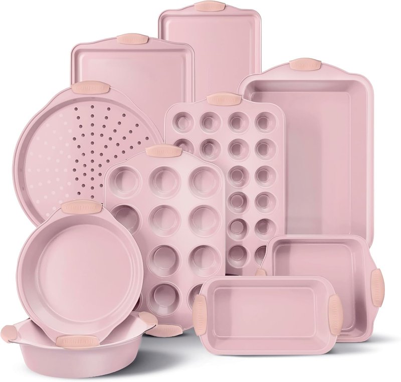 Country Kitchen Nonstick Bakeware Set - Heavy Duty, Easy Release, Stackable, Pink | 10 Pieces