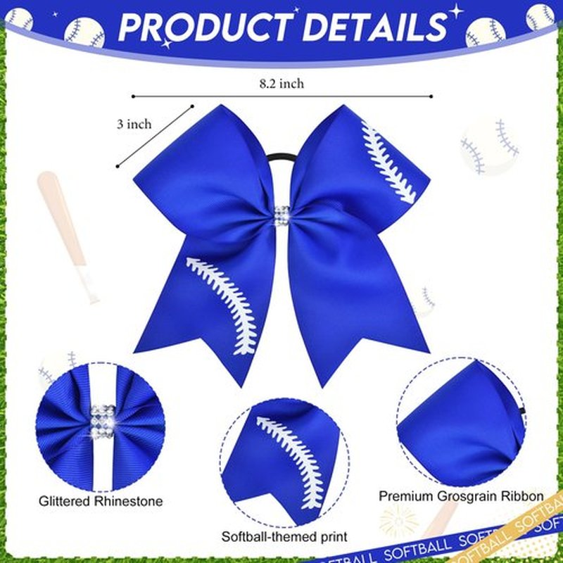 8 PCS Softball Bows 8" Softball Cheer Bows Bulk Hair Bows Cheerleading Sports Cheerleader Ponytail Holder Softball Accessories for Girls College Competition Blue