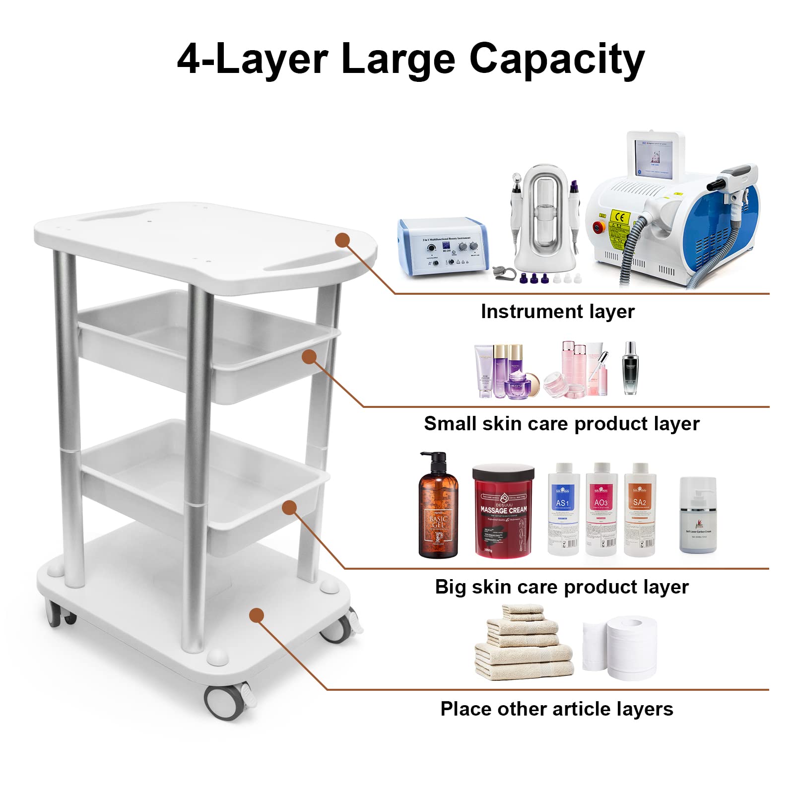 Facial Trolley Beauty Salon Cart 4 Layers Tray Sliver Colour Al Frame with White ABS Wheels Elitzia ETTRO5S