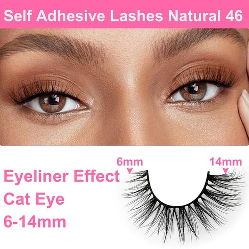 Self Adhesive Eyelashes Preglued Glueless - Natural Look No Glue Eyelashes 3D 12mm Natural Cat Eye Waterproof Glueless No Glue Needed Reusable Stick on False Strip Lashes by EMEDA (6D46 with Tweezers)