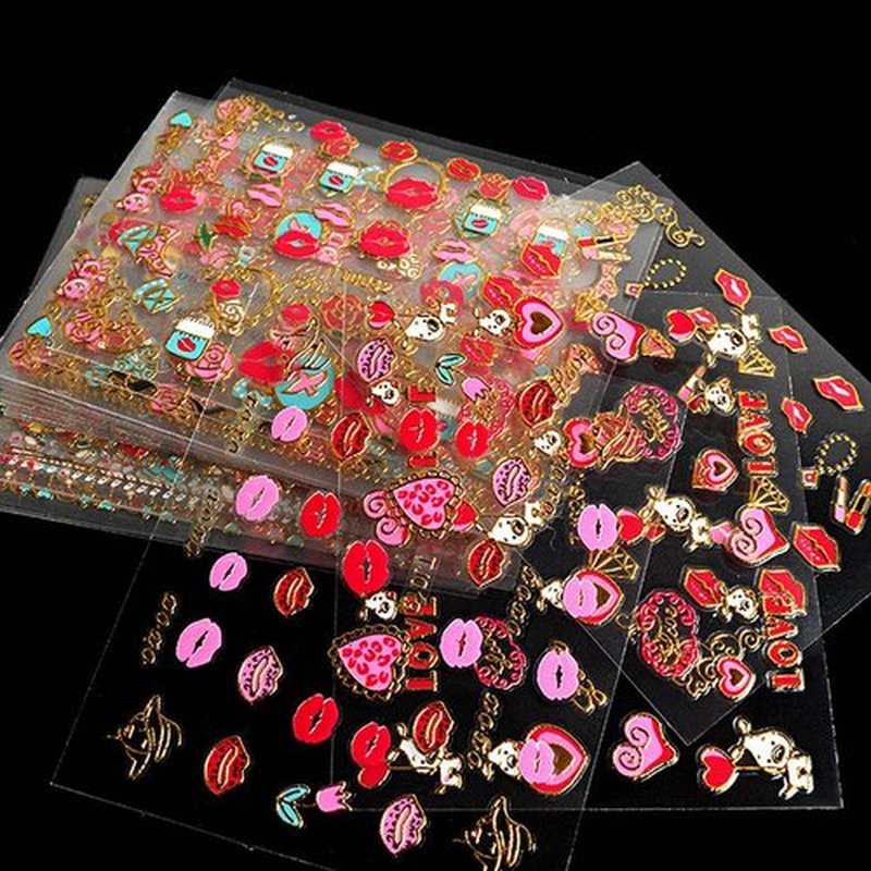 Lips Nail Stickers for Valentine's Day, 3D Gold Nail Decals Foils Nail Art Supplies Valentines Heart Red Lip Self-Adhesive Nail Design Metallic Nail Stickers for Women Girls DIY Nail Decoration 30 PCS