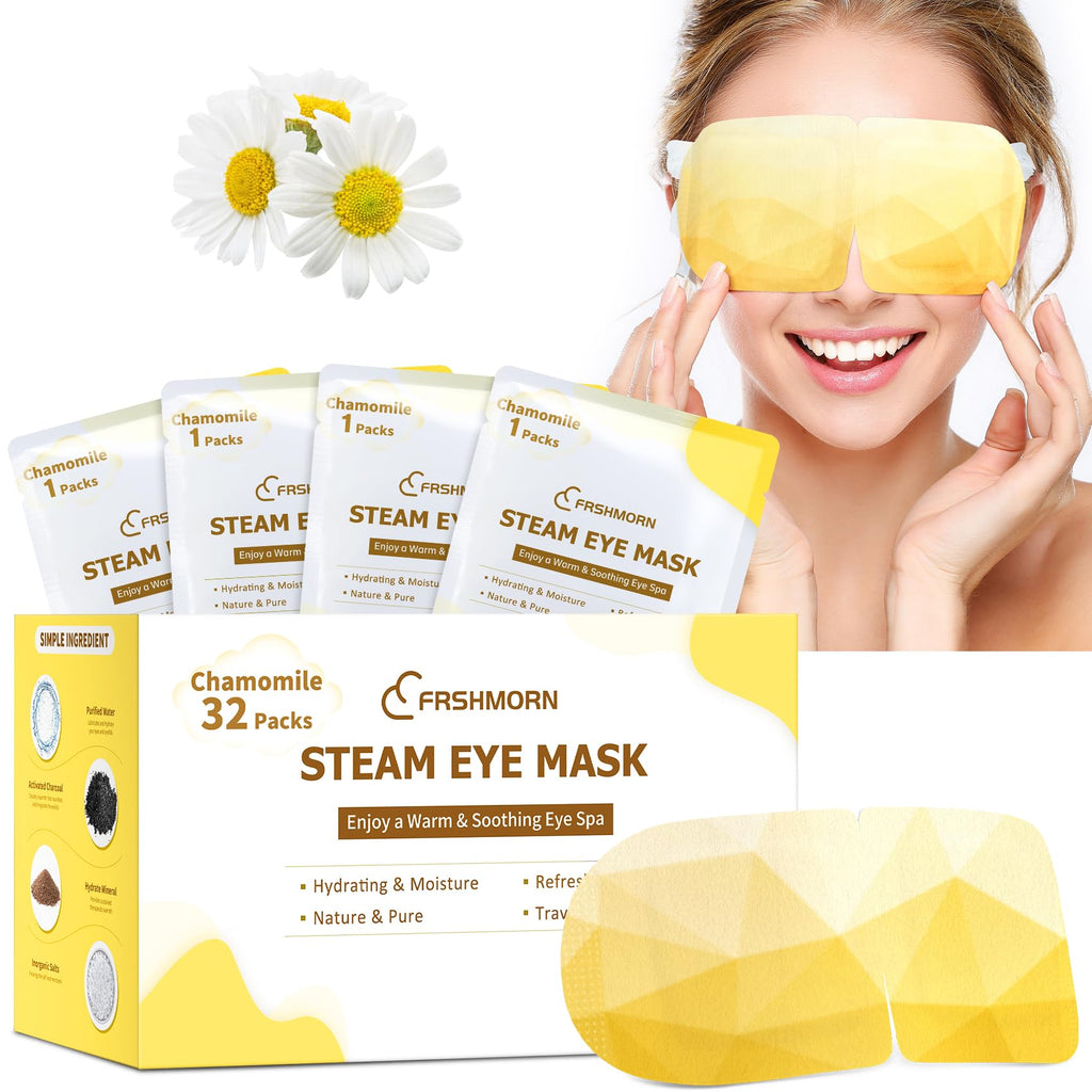 FRSHMORN 32Packs Steam Eye Mask, Heated Eye Mask for Sleeping, Warm Compress for Eyes, Self Heating Disposal Steam Mask for Home Sleep, Office, Spa, Travel Essentials Mothers Day Gifts (Chamomile)