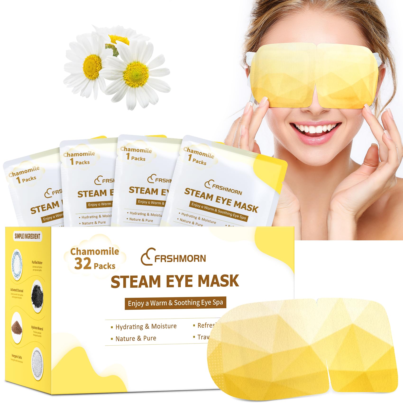 FRSHMORN 32Packs Steam Eye Mask, Heated Eye Mask for Sleeping, Warm Compress for Eyes, Self Heating Disposal Steam Mask for Home Sleep, Office, Spa, Travel Essentials Mothers Day Gifts (Chamomile)