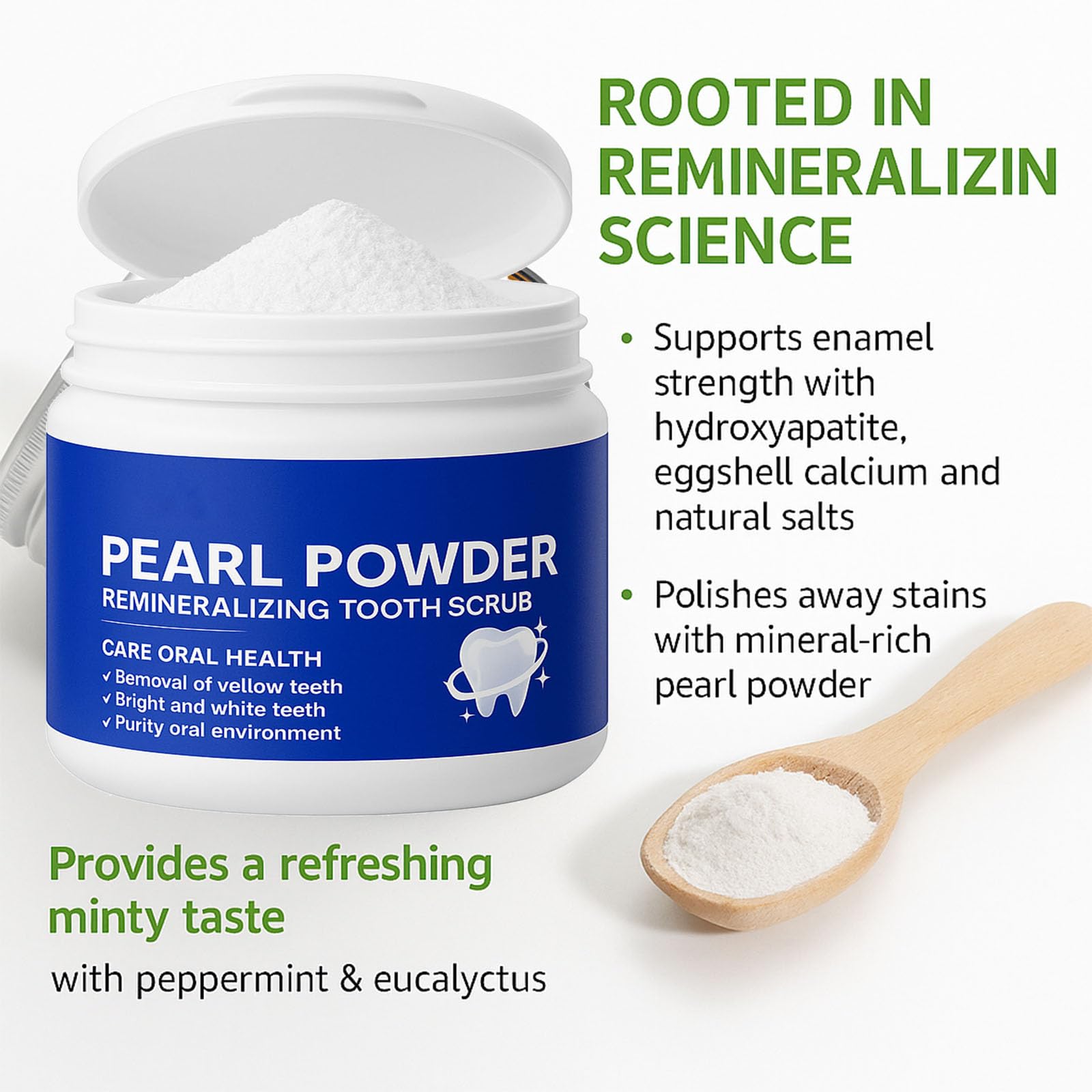 Pearl Powder Remineralizing Tooth Scrub – Natural Teeth Powder for Whitening, Enamel Strengthening & Brighter Teeth – Fluoride-Free Tooth Polish, Fresh Breath, 1.1 oz Jar (1)