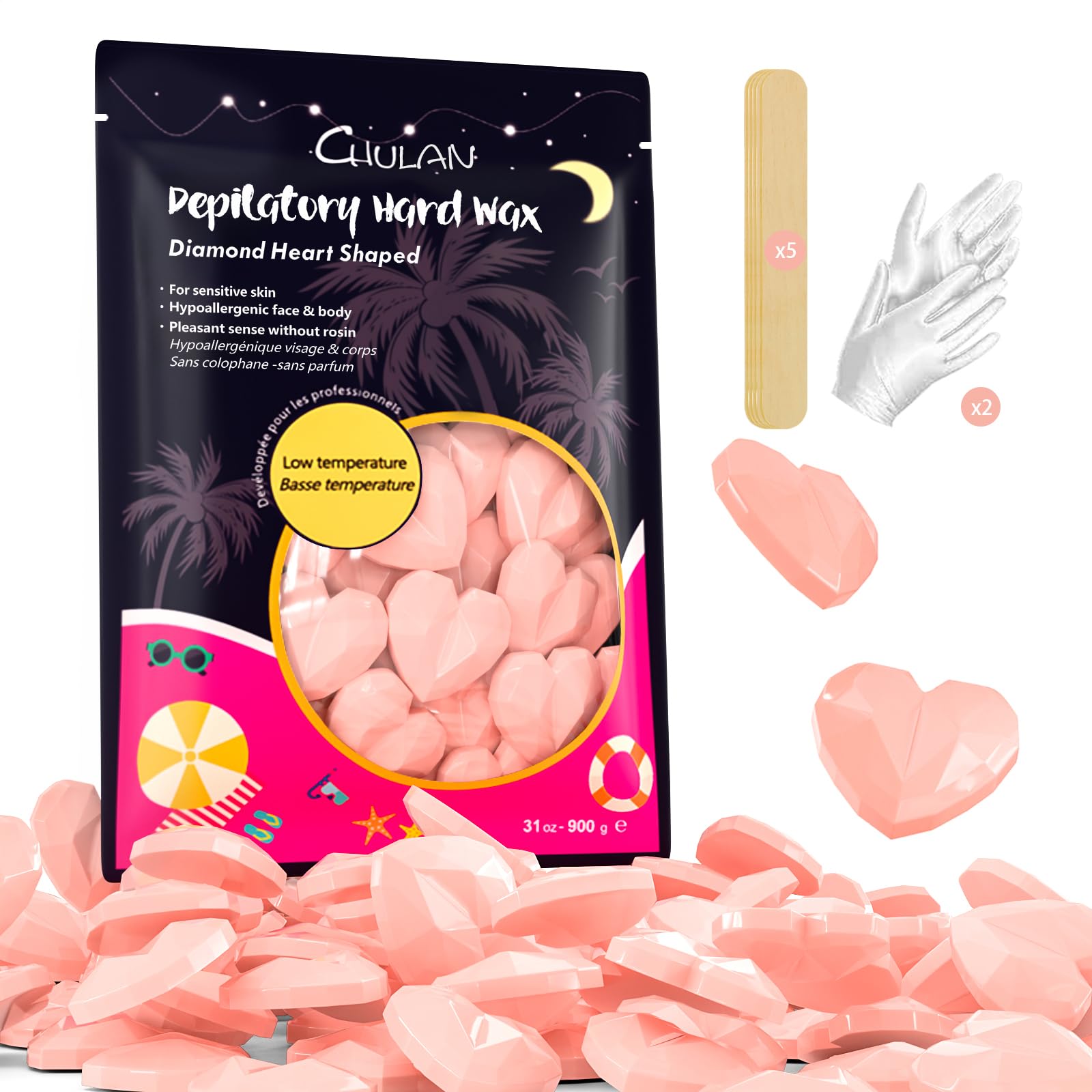 Chulan Heart Hard Wax Beads for Sensitive Skin, 400g Hypoallergenic Unscented Waxing Bead for Coarse Hair Removal, Stripless Wax Beans Pearl for Body, Brazilian, Bikini, Legs, Armpits Women Home Salon