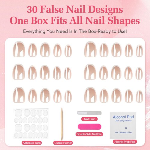 Skiennix Press on Nails,White French Tip Short Round Reusable Stick on Nails, 30 Soft Gel Fake Nails Kit in 15 Sizes for Women,Wedding Gift Be Elegant Classic French