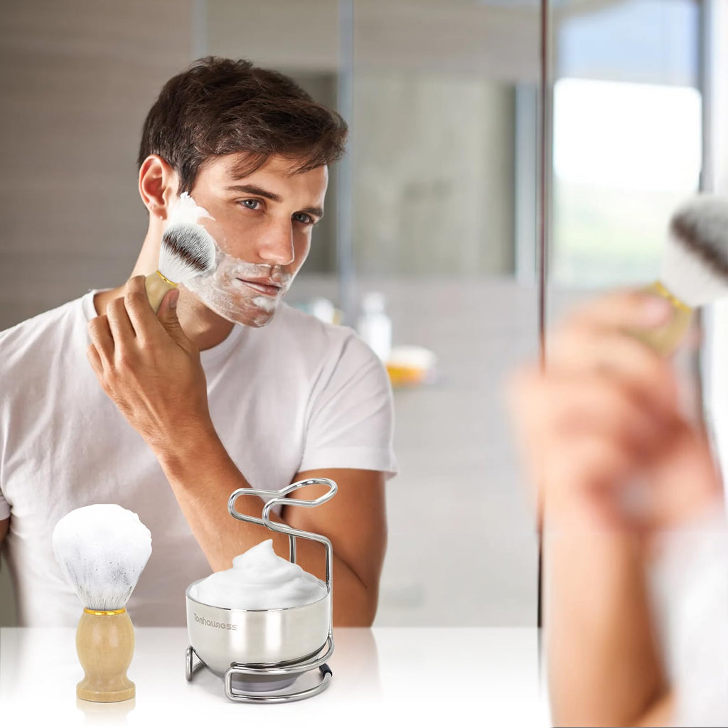 Tonhawness Shaving Brush Kit for Men, 4 in 1 Shaving Brush Set Includes Nylon Shaving Brush, Shaving Soap and Stainless Steel Shaving Bowl & Stand for Men’s Wet Shave Gift