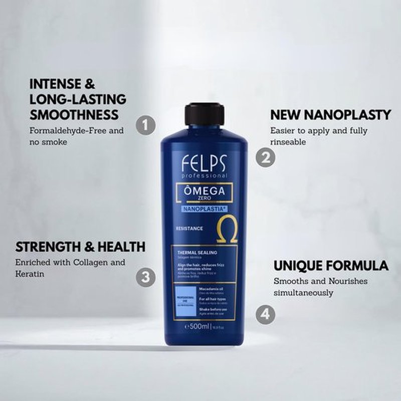 Felps Professional Omega Zero Resistance Nanoplastia Treatment, Zero Formaldehyde Hair Straightening, with Macadamia Oil, 3.38 fl.oz Mini