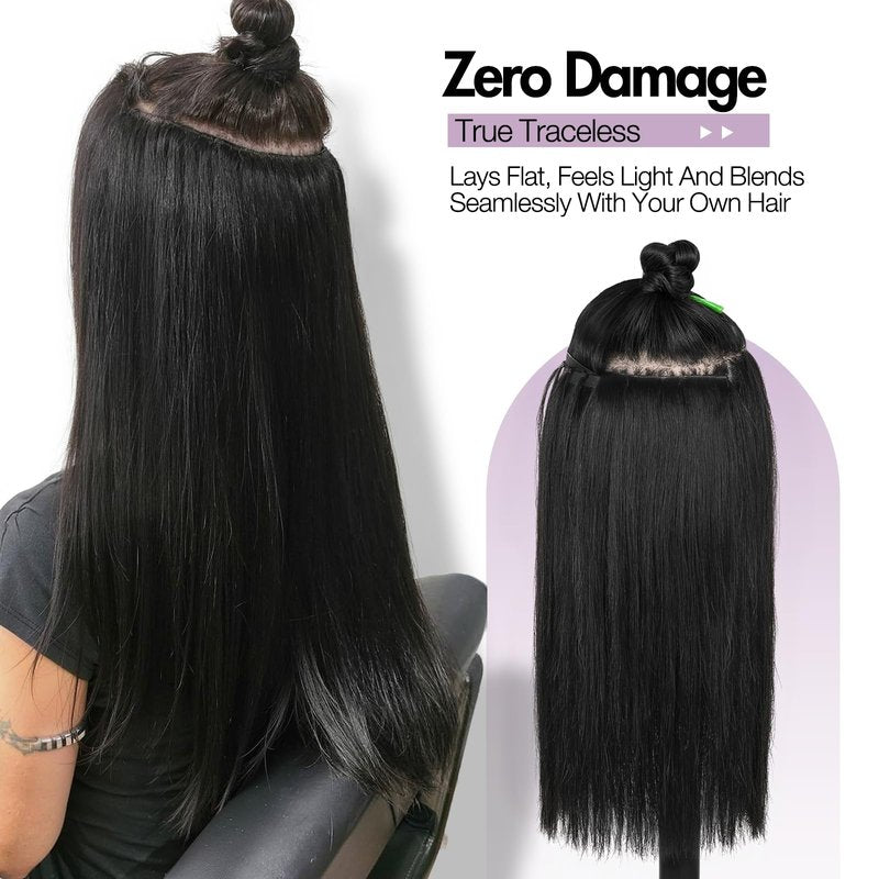 WIGER Invisible Butterfly Hair Extensions Real Human Hair Double Layer Genius PU Skin Weft Hand-tied Injected Remy Human Hair Extensions Twin Tabs 18 Inches Black Micro Bead Hair Extensions
