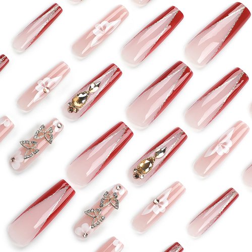 Aegenacess Press On Nails Square - Red Press On Nails Extra Long, Luxurious Glue On Nails with 3D Butterfly Rhinestones, Semi-Transparent Nude Stick On Nails, Handmade 24PCS Fake Nails in 12 Sizes