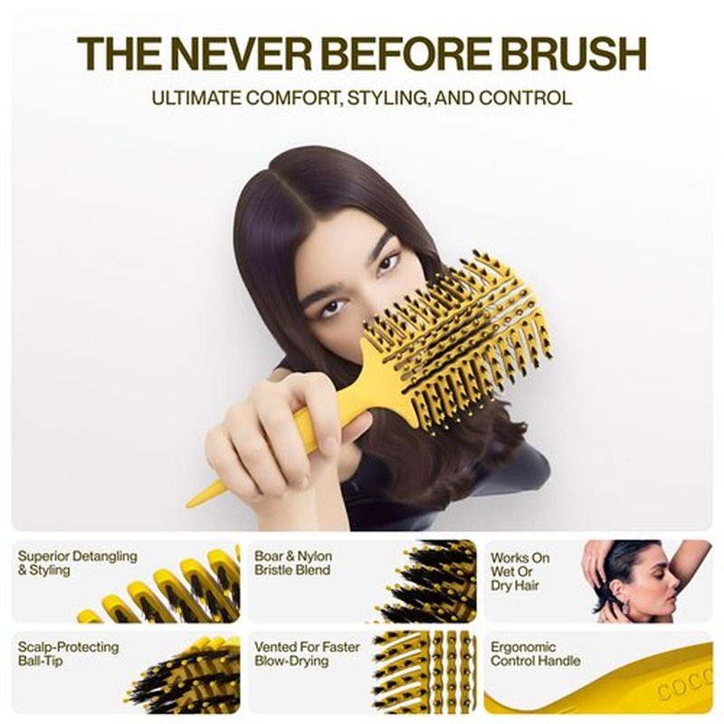 COCCO Aura Vent Boar Brush | Vented Dual-Curved Design for Faster Drying, Effortless Detangling & Shine, Boar + Nylon Bristles, Ergonomic Comfort Handle for Wet & Dry Hair Styling - Yellow