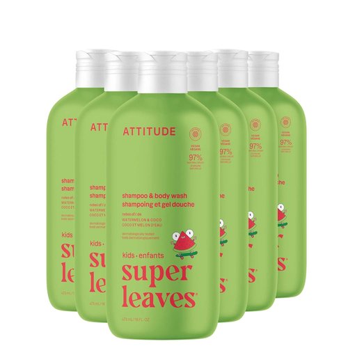 ATTITUDE Kids Shampoo & Body Wash - EWG Verified, Vegan & Cruelty-Free, Watermelon & Coco, 16 Fl Oz (Pack of 6)