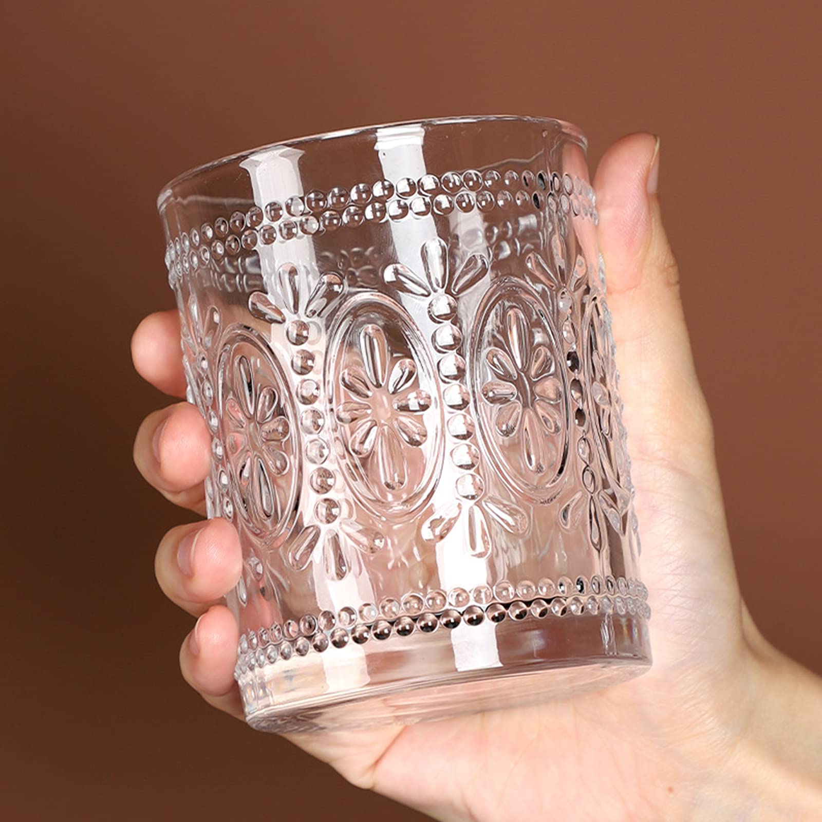 Bekith 6 Pack Drinking Glasses, 9.5 oz Romantic Water Glasses, Clear Embossed Glass Cups Vintage Glassware Set for Whisky, Juice, Beverages, Beer, Cocktail