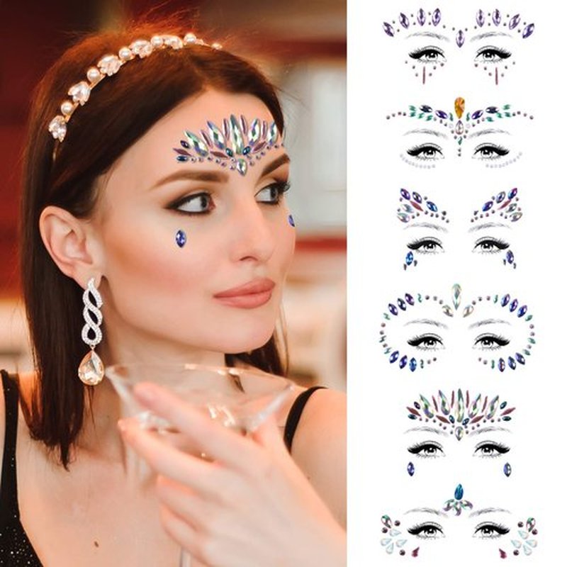 AOMIG Face Gems Glitter, 6 Pcs Rhinestone Face Glitter Stickers, Mermaid Face Jewels Stick On, Crystal Tears Gem Stones Eyes Face Body Temporary Tattoos Stickers for Christmas Makeup Gift