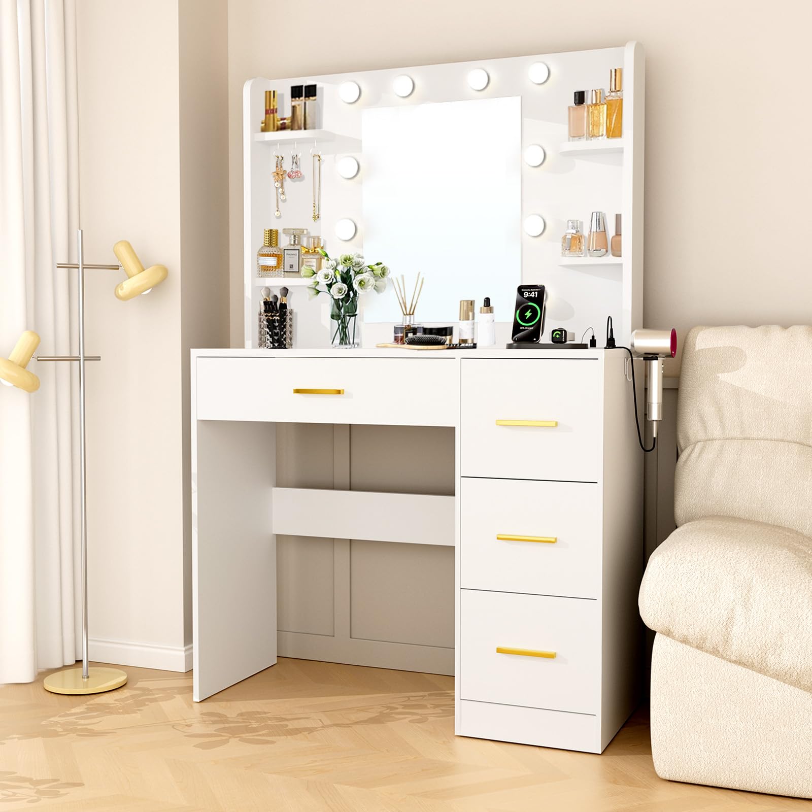 HABIUBIU 35 Small Vanity Desk with Mirror and Lights,10 Lights,3 Color Modes,Makeup Vanity Desk with 4 Storage Shelves 4 Drawers and Power Outlet,White vanitys-New Upgraded Quality