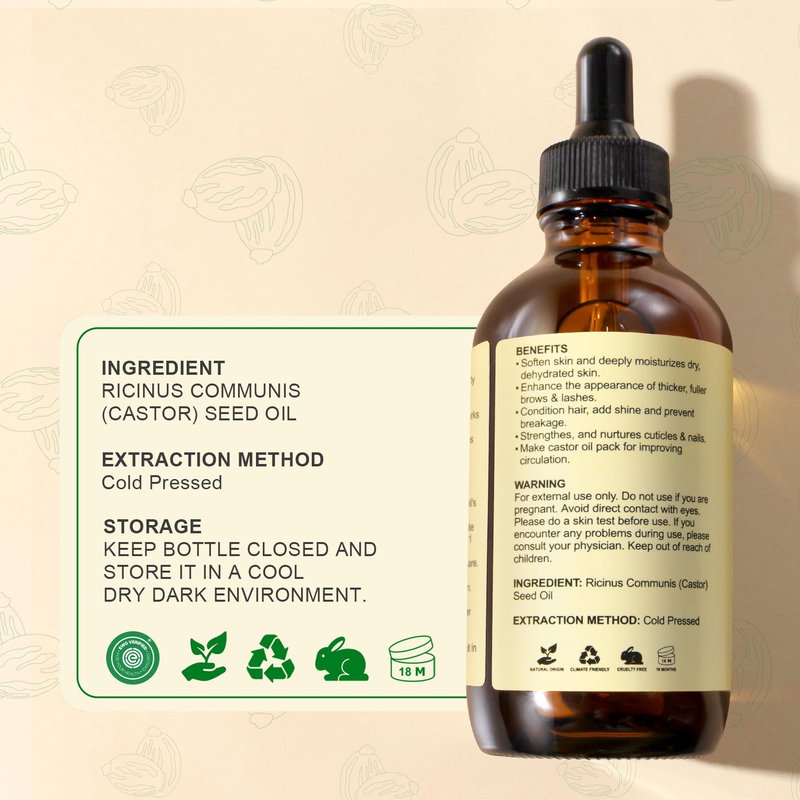 Yoken Castor Oil USDA & EWG Verified 4oz Glass Bottle - 100% Pure, Cold Pressed, Hexane Free, Virgin Caster Oils for Face, Eyelash, Eyebrow, Hair - with Lash Starter Kit & Empty Roller Ball Bottle
