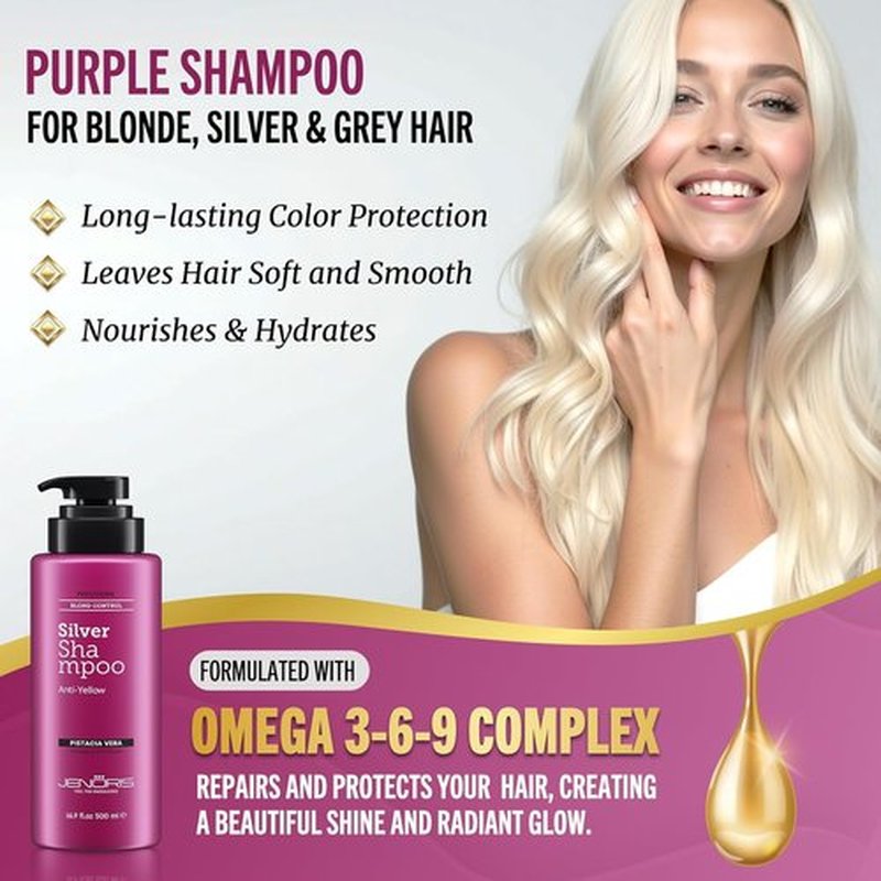 Jenoris Silver Purple Shampoo - Neutralizes Yellow & Brassy Tones for Blonde, Gray & Lightened Hair | 16.9 Fl Oz