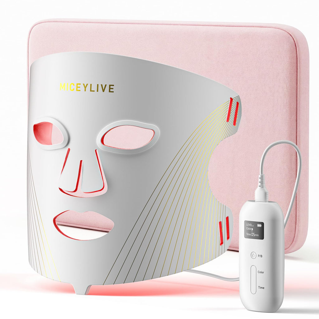MICEYLIVE Red Light Therapy for Face with 432 LEDs & 3 Wavelengths (Red, Blue, NIR) - Targeting Wrinkles & Acne at Home, with Travel Bag & Eye Masks for Easy Skincare On The Go, White