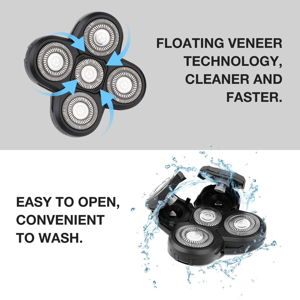 Universal 2pcs 5 Blades Shaver Replacement Heads Compatible with Freebird Head Shave for Freedom Grooming Replacement Head and More with Easy Clean Brush Blade Cover