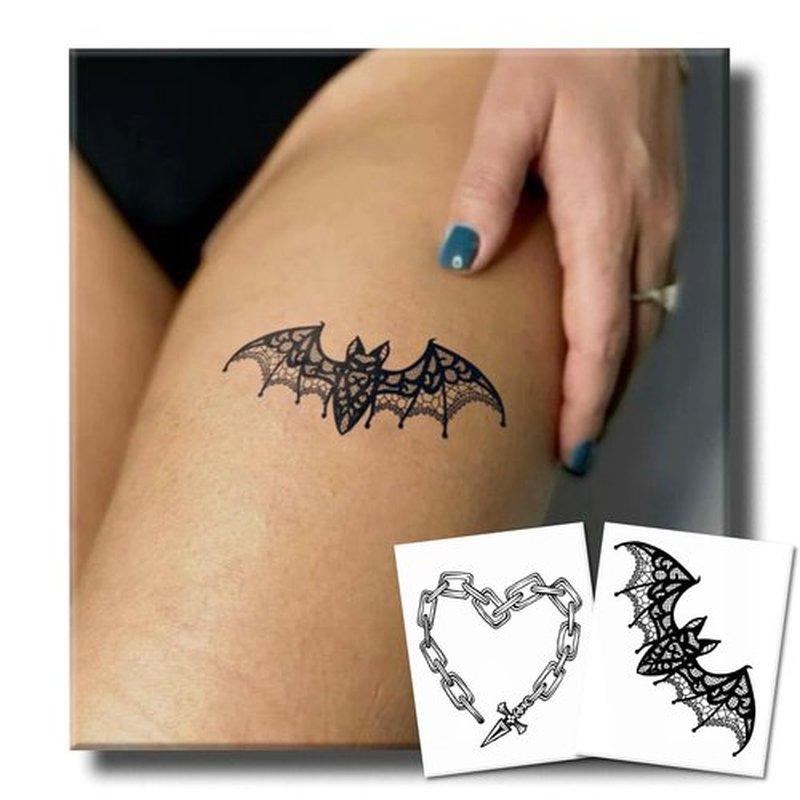 UBICA Semi Permanent Tattoo for Women, 2 Sheets Realistic Sexy Temporary Tattoos for adult, Lasts 2 Weeks Waterproof and Non-Reflective Tattoos (Sexy Chain Heart & Lace Bat Tattoo)