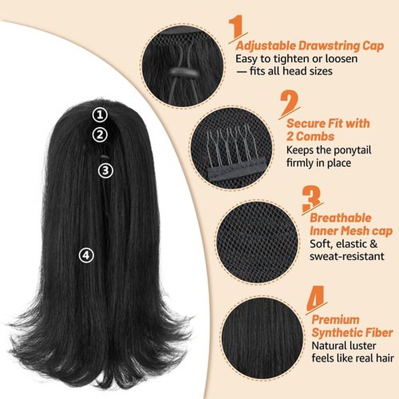 Drawstring Ponytail Extension for Black Women 14 Inch Yaki Kinky Straight Ponytail Flick Style Hairpiece Synthetic Natural Black Rafabcici