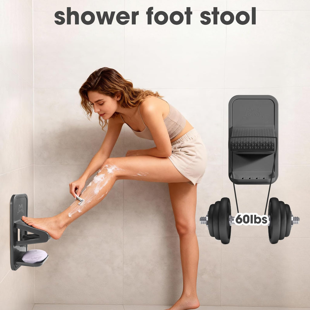 Shower Foot Rest, Shower Benches for Inside Shower to Sit On, Shower Stool for Shaving Legs - Thickened ABS Shower Foot Stool with Non-Slip Strip, Drainable Soap Box Storage（Dark Gray）