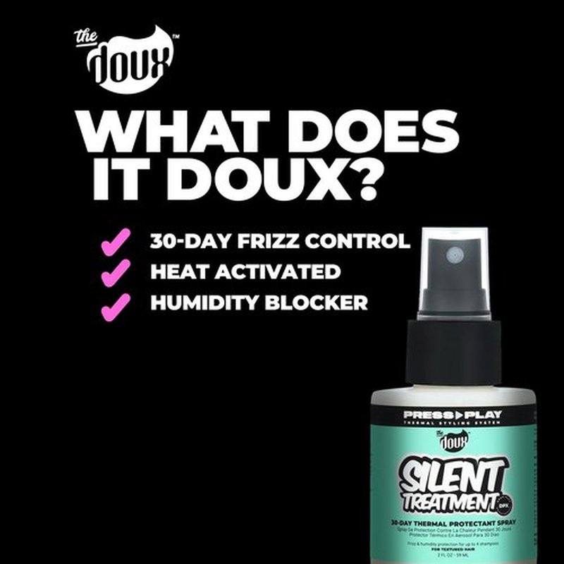 The Doux SILENT TREATMENT Anti-Frizz Heat Protectant Spray for Curly Hair – 30-Day Humidity Shield Hairspray with Keratin & Corn Starch – Travel Size Hair Styling Spray, 2 oz