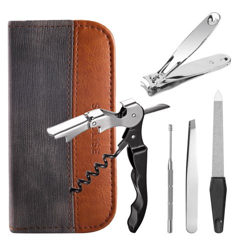Manicure Set 5-Piece with PU Leather Case - Stainless Steel Nail Clipper Kit Includes Nail Clipper, Nail File,Tweezers, Ear Spoon & Wine Opener Tools for Home&Travel&Gift