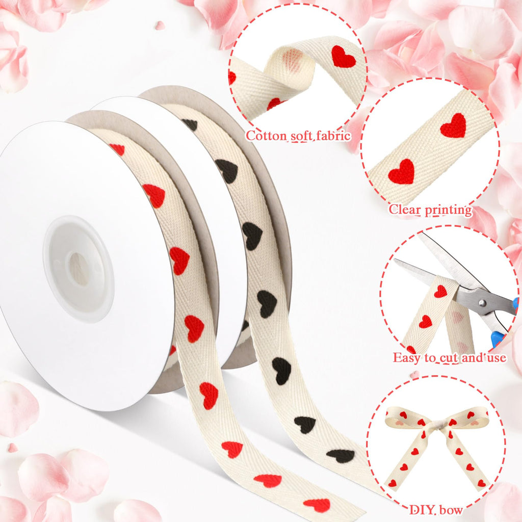 Wavwavw 20 Yards Heart Ribbon, Natural 5/8 Inch 100% Cotton Herringbone Twill Fabric Ribbon Red Valentine's Decorations for Crafts Mothers Day Gifts Wrapping, 2 Rolls