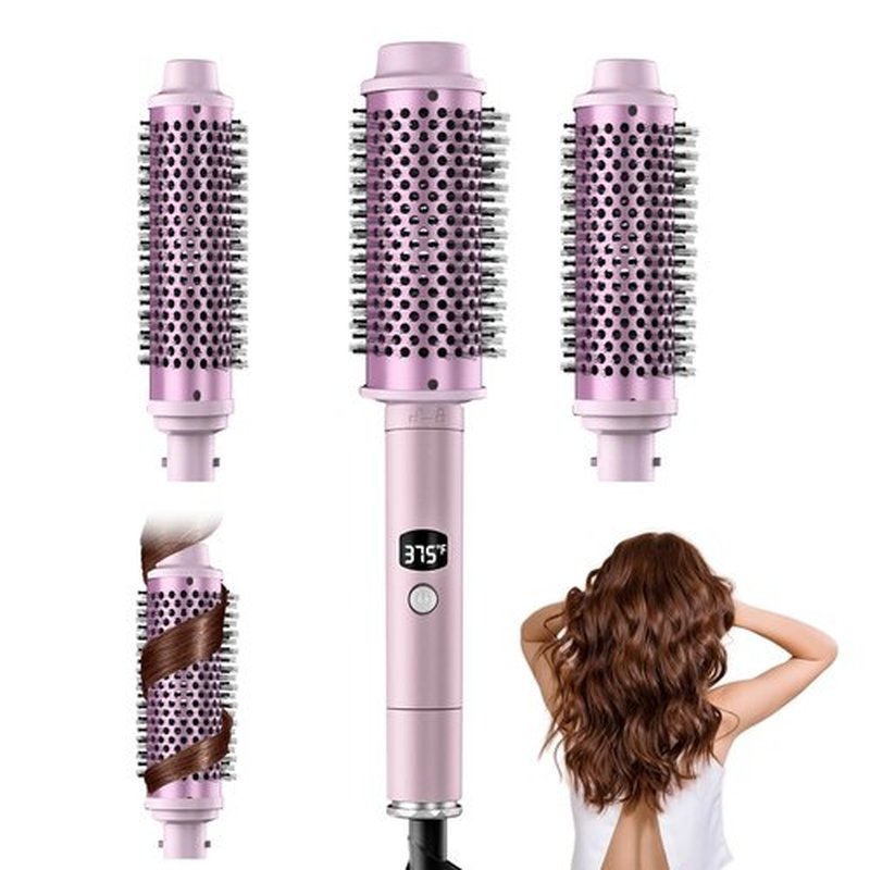 Thermal Brush,5 Temps LCD Display Ceramic Tourmaline Heated Styling Brush Set - 3-in-1 Detachable Barrels (1.25/1.5/1.75 Inch),Heater for Versatile Hair Styling Curling Tongs（Purple）