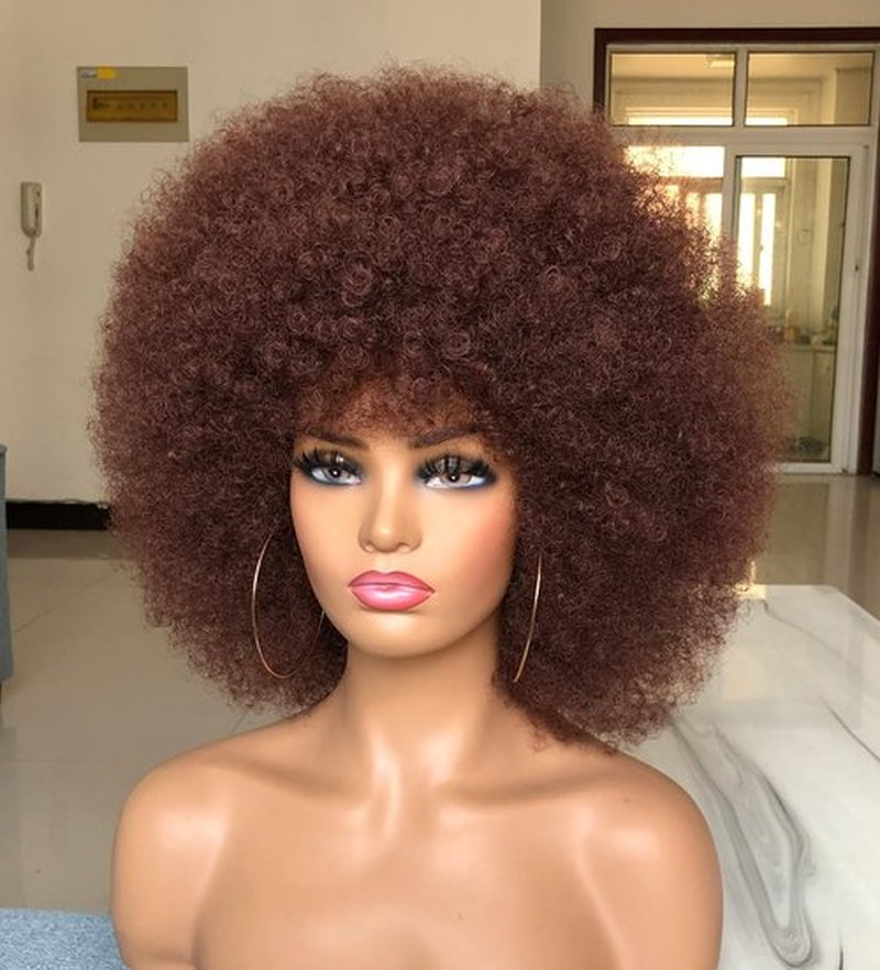 HIHOO Short Afro Wig with Bangs for Black Women Afro Kinky Curly Wig 70s Premium Synthetic Big Afro Wigs(Red Brown)