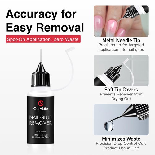 Curvlife 10g Semi Solid Nail Glue Gel and 20ml Pinpoint Nail Glue Remover Kit for Press On Nails, Cuticle Pusher with Czech Glass File & for Flawless Application & Removal