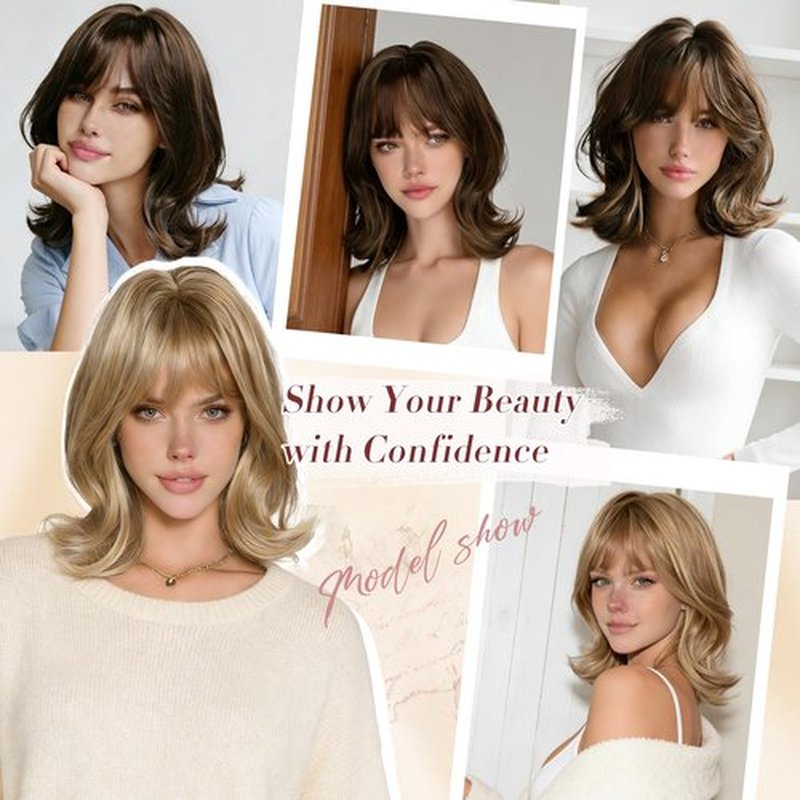 FESHFEN Shoulder Length Bob Wigs with Bangs for Women - Dark Brown Natural Layered Wavy Synthetic Wig For Daily Party Costume Use 14 Inch