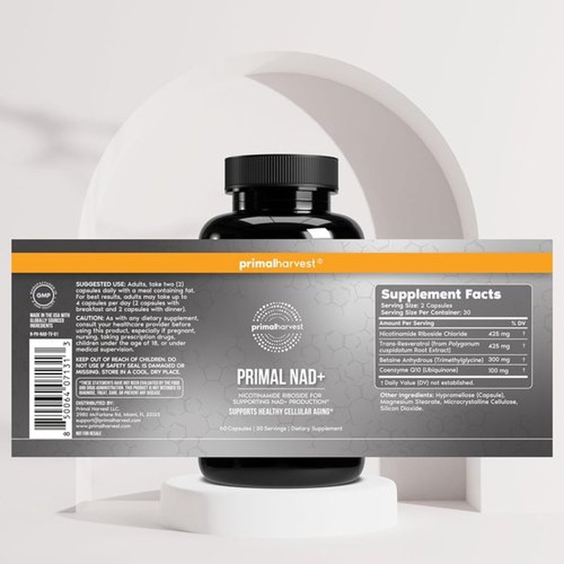 Primal Harvest NAD+ Supplement - Boost Cellular Health & Energy | Nicotinamide Riboside, CoQ10 (60 Count)