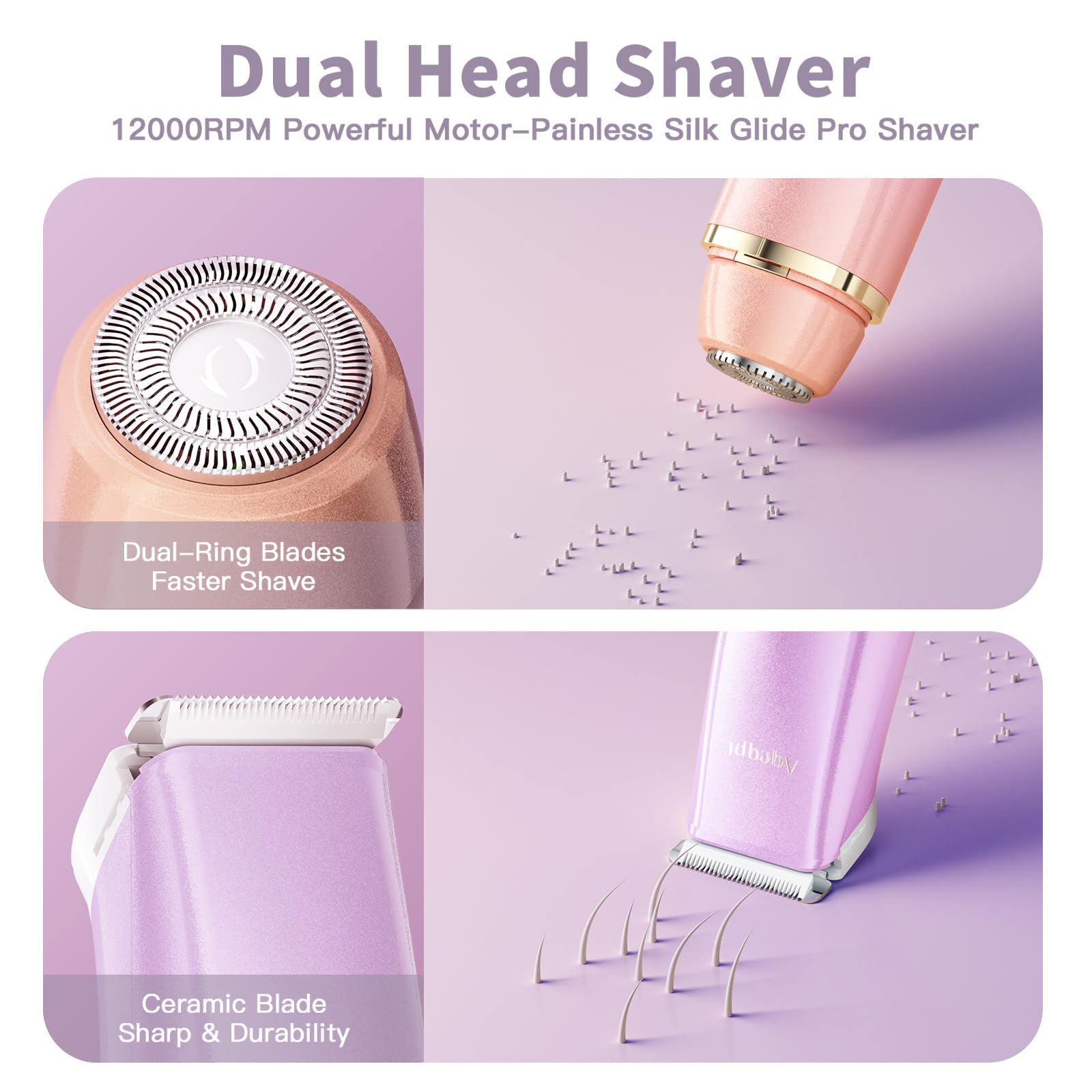 Bikini Trimmer for Women, Electric Razors with Dual Heads, Rechargeable Pubic Hair Trimmer with IPX7 Waterproof, Painless Pro Shaver for Underarm Leg Arm Body Face Private Area（DuskyRose）