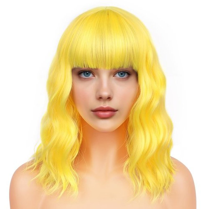 BATISI Yellow Short Bob Wig with Bangs for Women Loose Wavy Shoulder Length 14 Inch Synthetic Wig for Daily Cosplay Party Use