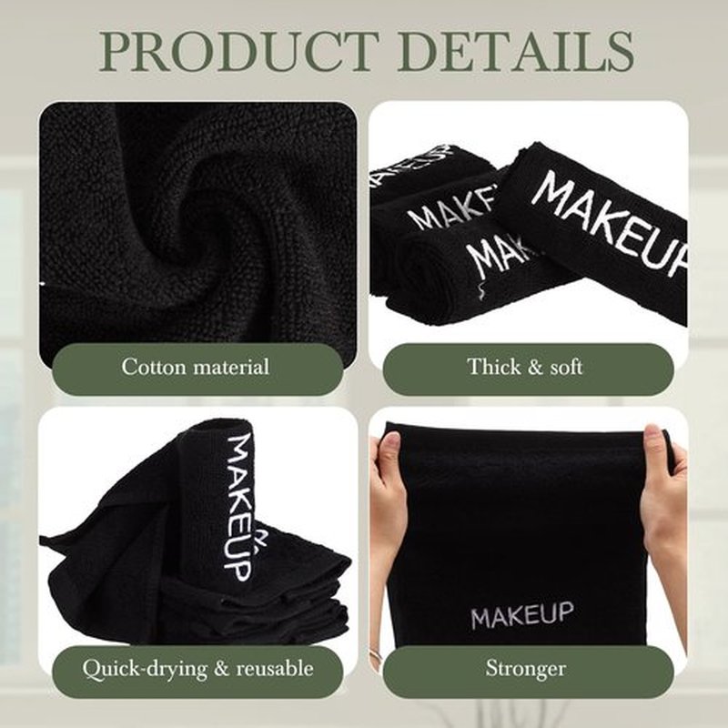 Riakrum 50 Pcs Makeup Washcloths Cotton Makeup Remover Towels Cosmetic Face Towel Absorbent Soft Facial Towels for Women Girls Face Cleansing Skin Care Gifts, 9.8 x 9.8 Inch (Black)