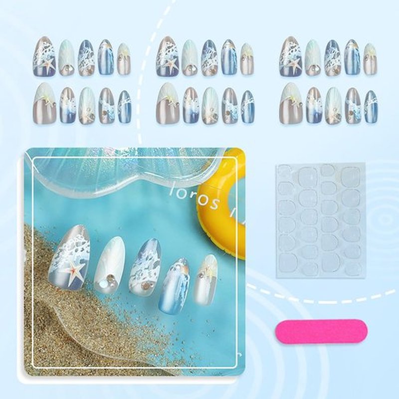 30Pcs Summer Press on Nails Almond French Tip Fake Nails with 3D Pearl Seashell Design Ocean Beach Press ons Cute Starfish False Nails Tropical Sea Wave Conch Stick on Nails for Women