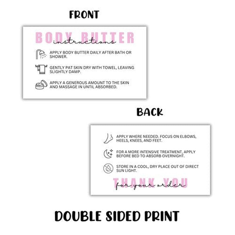 Body Butter Care Instruction Cards | 50 pk 2x3.5” Client Packaging Bulk Jar Ingredient Warning Label Stickers Container Stick