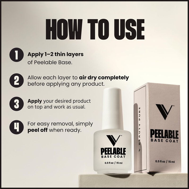 V Beauty Pure Peel Off Gel Base Coat - Peelable Base Coat, Easy Peel Off and Zero Soak-Off, Damage-Free Quick Manicure Change, Beginner and Professional Friendly, Fast Drying Nail Base - 0.5 Fl Oz
