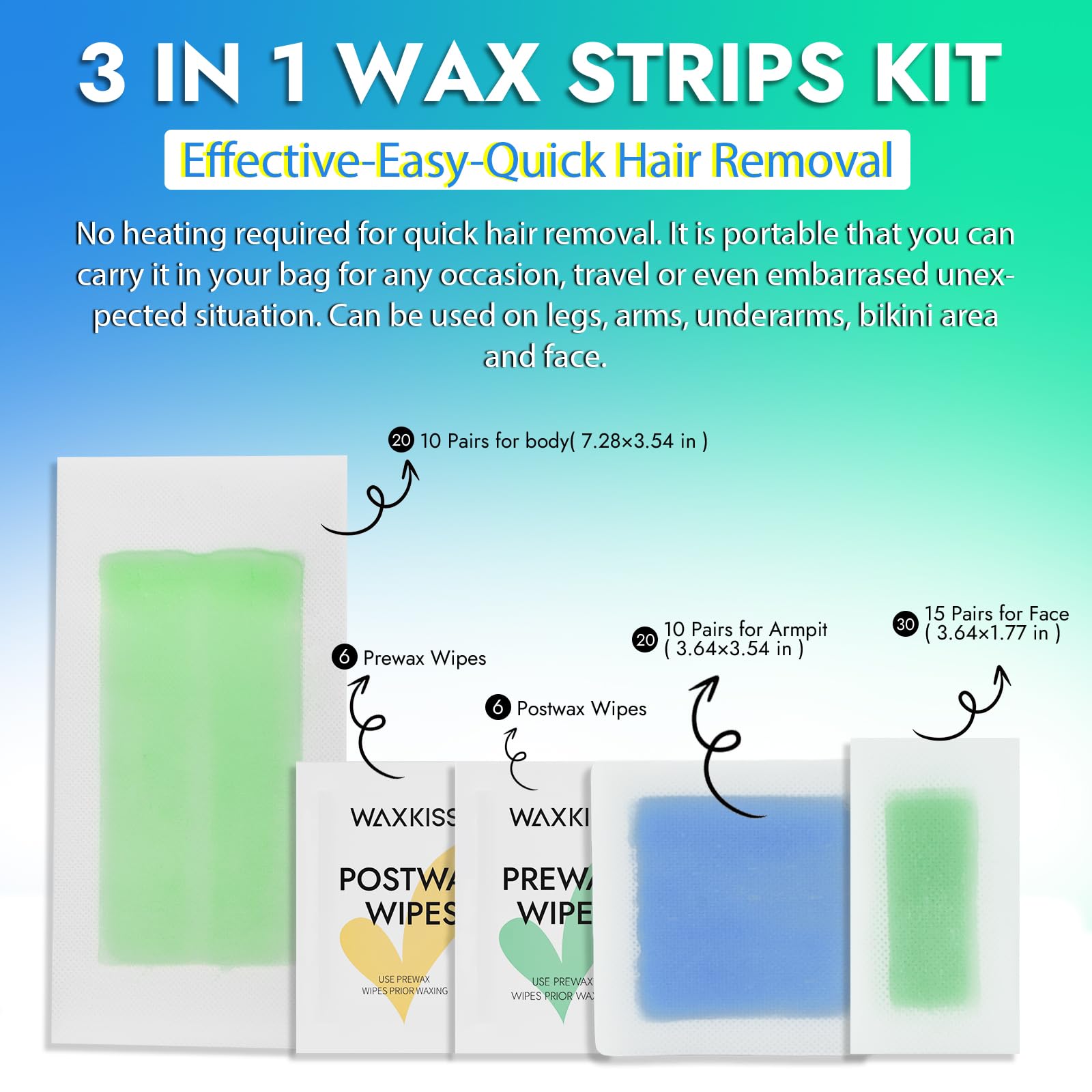 Waxkiss Wax Strips Kit for Women Men 70 Counts 3 Sizes & 12 Pcs Prewax and Afterwax Wipes Ready-to-use Waxing Strip Kit for Hair Removal Home Waxing Kit